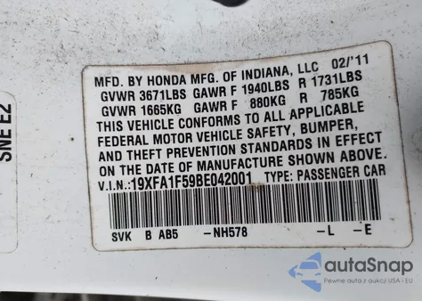 2011 Honda Civic Lx from USA, damaged, VIN 19XFA1F59BE042001